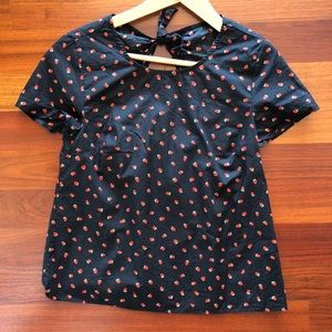 Madewell cotton blouse, tie back strawberry print